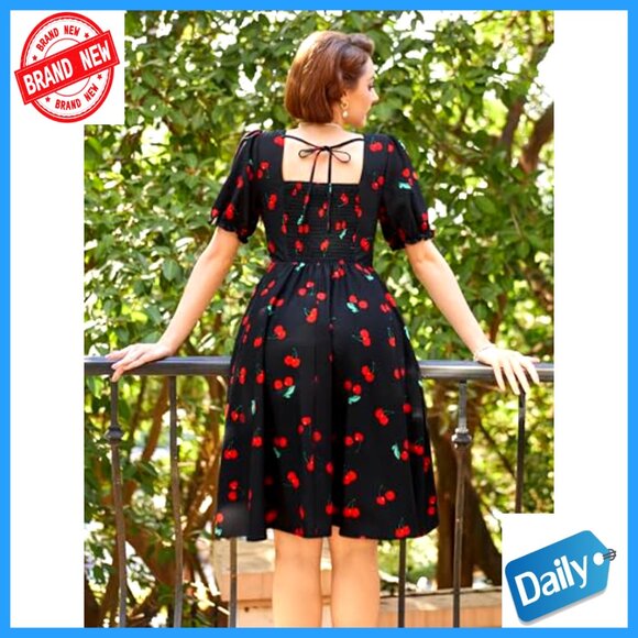 Vintage Square Neck Midi Dress Puff Sleeves Ruched Waist Cottagecore Wedding - Picture 5 of 7